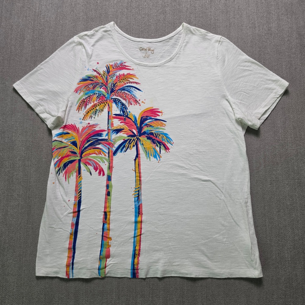 Coral Bay Graphic Tee Women Large White Palm Tree Rhinestone Cotton Short Sleeve
